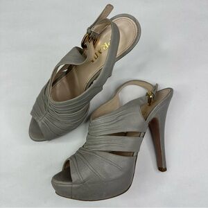 Prada Grey Leather Ruched Peep Toe Slingback Platform Stiletto Heels 37.5/US 7